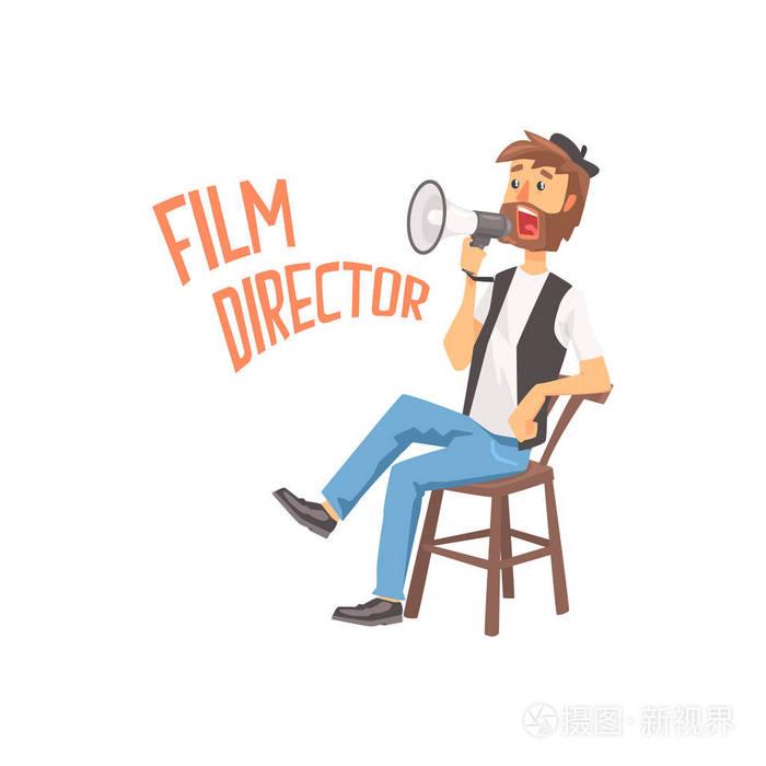 电影导演坐在椅子上说用扩音器,卡通人物矢量图