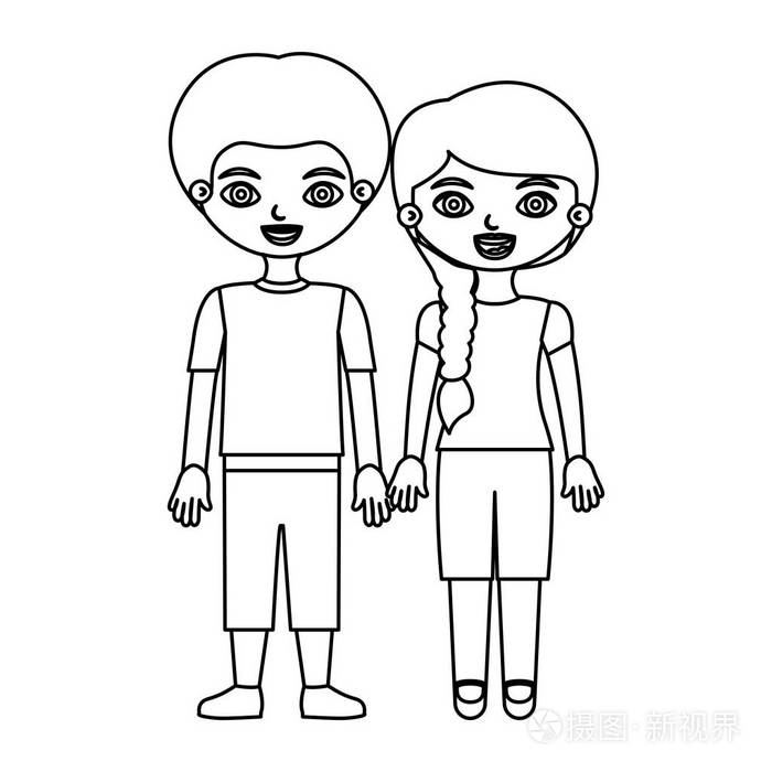 轮廓对黑人夫妇与侧辫子头发和休闲服装的男孩女孩插画-正版商用图片0