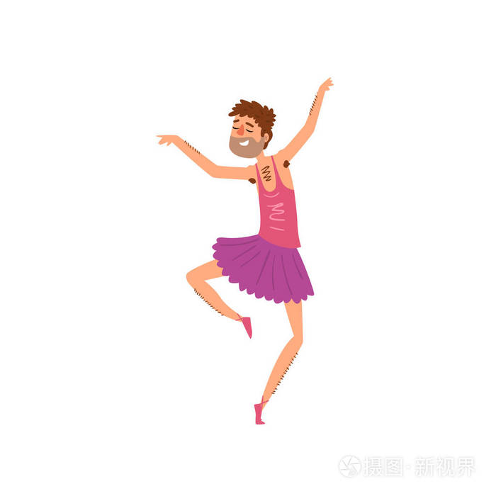 滑稽的胡子人跳舞在芭蕾舞短裙礼服卡通矢量插图白色背景