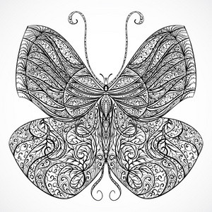 老式的蝴蝶，花卉抽象装饰。黑色和白色矢量手绘插画