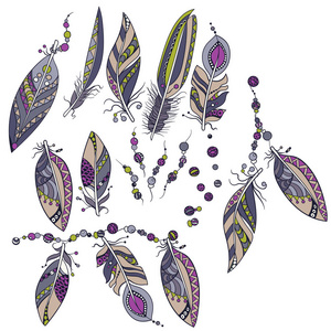 部落风格图形矢量图像中带有羽毛珠子的装饰元素的观赏集 ornamnents