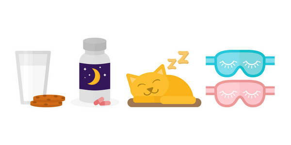 睡眠图标矢量插图安眠药牛奶饼干饼干玻璃瓶睡猫眼罩