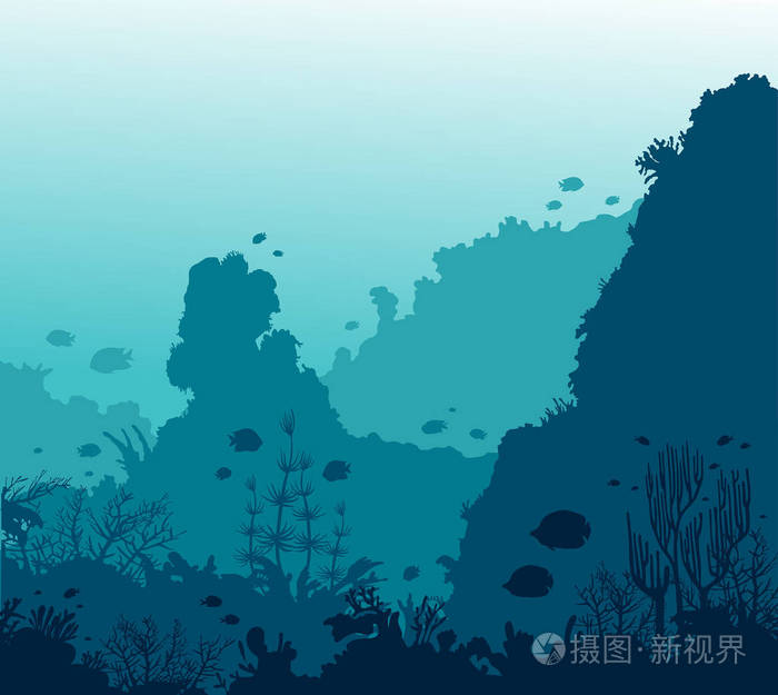 海底海洋生命-珊瑚礁和鱼类的剪影在蓝色的海背景.矢量海景插图