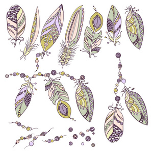 部落风格图形矢量图像中带有羽毛珠子的装饰元素的观赏集 ornamnents