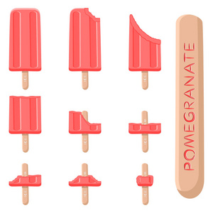 矢量插画标志为天然石榴冰淇淋在棍子上。冰淇淋模式包括甜冷冰淇淋, 设置可口的冷冻甜点。红石榴鲜果各式各样棒的研究