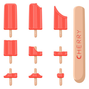 矢量插画标志为天然樱桃冰淇淋在棍子上。冰淇淋模式包括甜冷冰淇淋, 设置可口的冷冻甜点。鲜浆果各式各样红樱桃枝