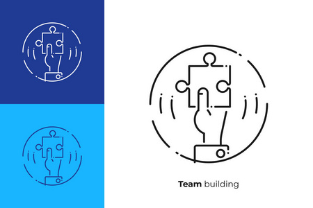 线艺术拼图片在手。业务解决方案。团队建设。现代艺术线条风格的可伸缩矢量图标。大纲元素矢量插图