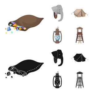一袋钻石, 一头大象头, 一盏煤油灯, 一个帐篷。非洲野生动物园集图标动画, 黑色风格矢量符号股票插画网站