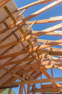建筑框架房子由木头制成, 与屋顶椽子金属, 异形
