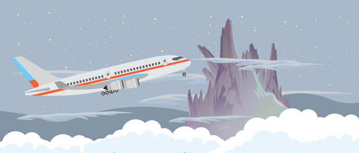 飞机在夜空中飞翔在夜晚的群山和云层矢量平面设计插图横幅