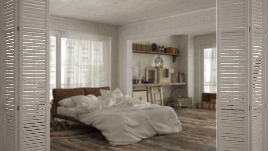 白色折叠门打开老式旧风格的卧室, 白色室内设计, 建筑师设计师的概念, 模糊背景