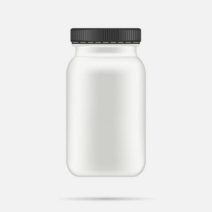白色哑光塑料瓶与黑色盖子为维生素, 片剂, 药片。逼真的包装样机样板设计。医疗容器。前视图。矢量插图