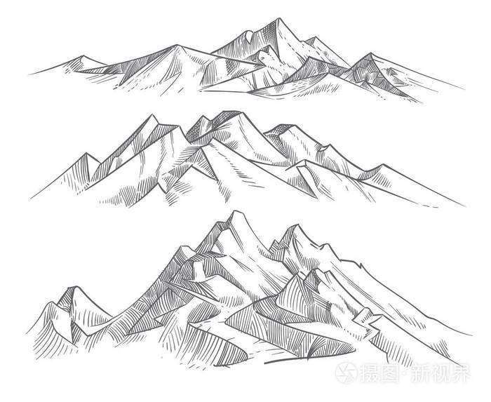手绘山脉的雕刻风格.复古山脉全景矢量自然景观