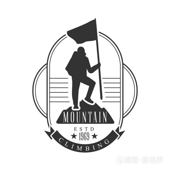 爬山的标志.山旅游,探索标签,攀登体育活动徽章