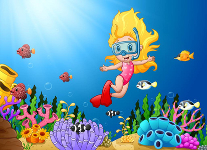 在海中潜水的卡通女孩