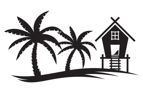 热带夏季矢量插图棕榈树和海边的房子