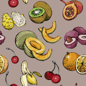 异国情调的无缝模式与夏季水果, 健康食品矢量插图
