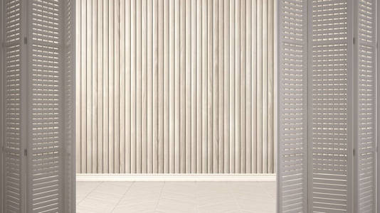 白色折叠门打开在空房间用木墙, 白色室内设计, 建筑师设计师概念, 拷贝空间背景