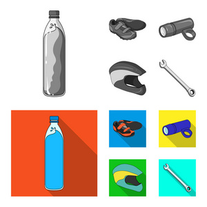 一瓶水, 一双运动鞋, 一辆自行车的手电筒, 一个防护头盔。自行车套装集合图标单色, 平面式矢量符号股票插画网站