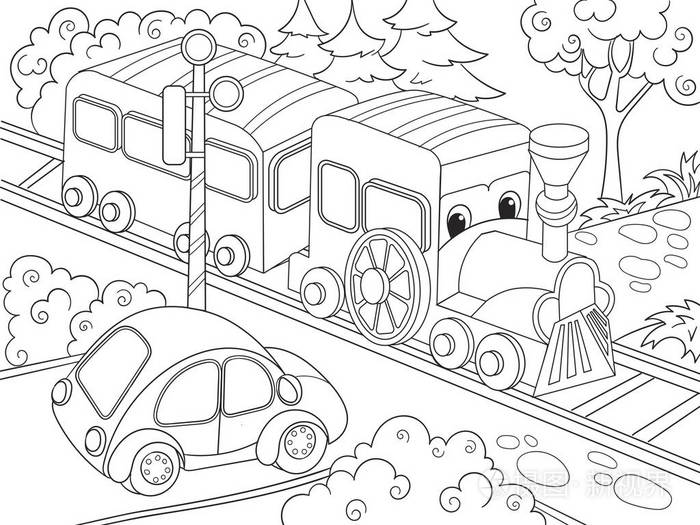 卡通火车火车和汽车着色书儿童卡通矢量图