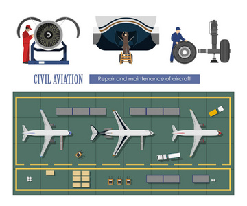 维修和保养的飞机。服务的飞机。工业中平面样式的绘图