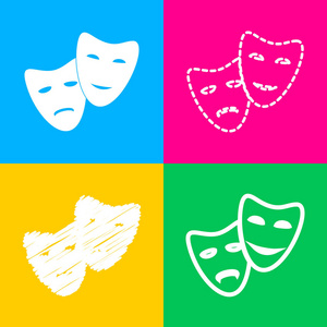 剧院图标与快乐和悲伤的面具。四种风格的上四个颜色的方块图标