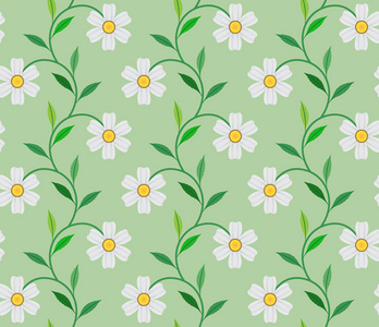 花花纹与白花和叶子在绿色背景, 矢量图案无缝