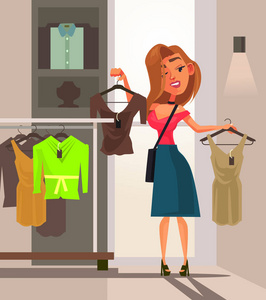 快乐微笑的女人女孩的性格做购买和尝试礼服。购物概念平面卡通设计图形隔离插图