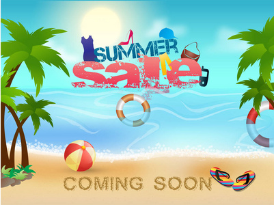 夏季销售横幅, 传单或海报设计与海滩背景