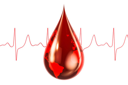 世界献血者日概念。与世界纹理的血滴, 3d 渲染被隔离在白色背景上