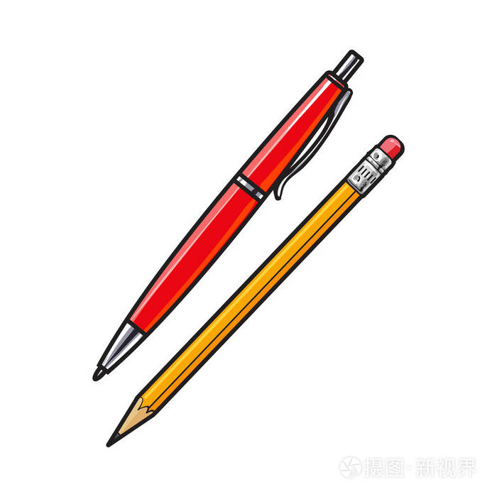 简单的手工绘制的球点钢笔和铅笔办公用品