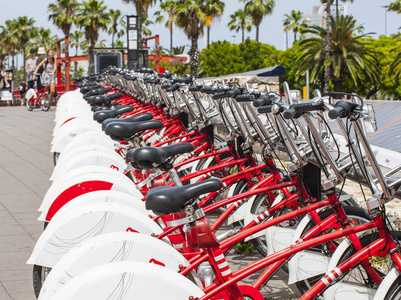 西班牙可供出售或出租的一排自行车