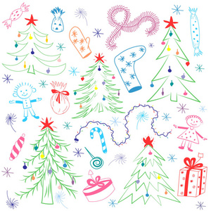 多彩儿童图纸的杉树。有趣涂鸦寒假的符号和孩子。完美的节日设计