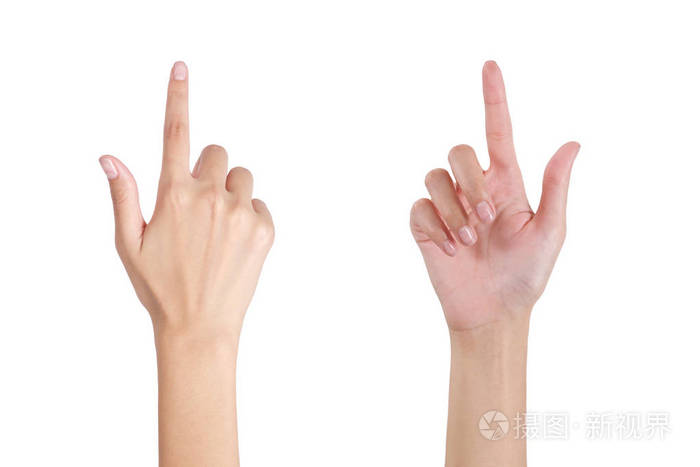 触摸屏,正面和背面,孤立的白色背景上的女人的手