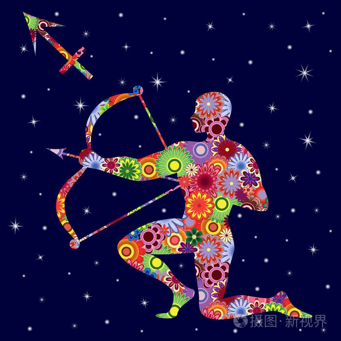 星座射手座与花填充在满天星斗的天空
