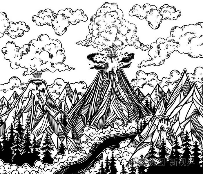 手画火山风景与森林和山.自然灾害