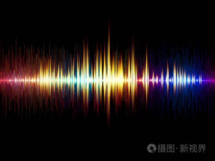 音频均衡器,音乐谱和量子概率项目的彩色正弦振动,光和分形元素的抽象