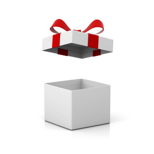 打开礼品盒与红色丝带弓隔绝在白色背景与阴影和反射3d 渲染