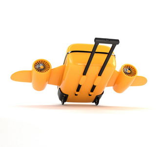 梦幻般的黄色手提箱，有轮子 机翼和发动机。概念