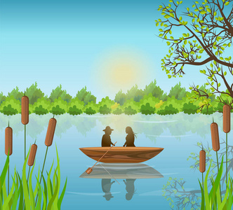 浪漫夫妇湖背景向量插图