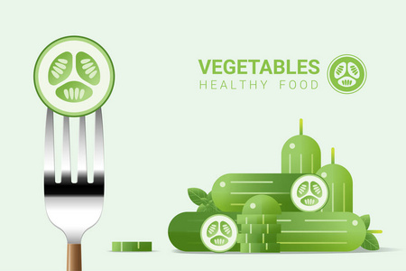 鲜黄瓜在叉子与堆黄瓜背景, 健康食物概念, 载体, 例证