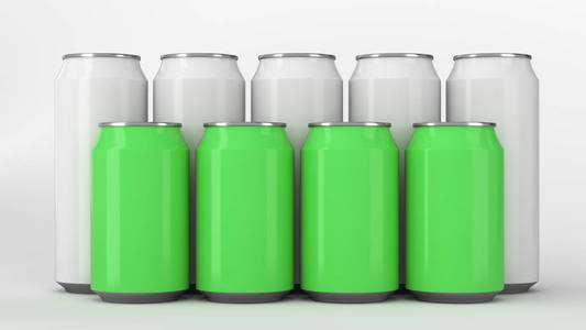 大和小的白色和绿色苏打罐站在两个 raws 的白色背景。饮料样机。锡包啤酒或饮料。3d 渲染插图