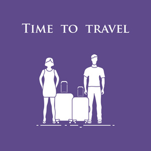 男人和女人的手提箱。旅行时间到了。暑假时间, 假期。休闲标志
