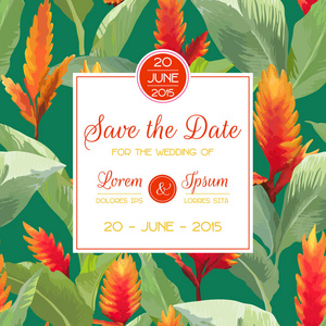 保存日期 邀请 贺卡，为婴儿洗澡的婚礼。热带花朵和叶子在矢量