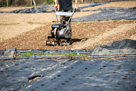 男人用机械锄头或 rotovator