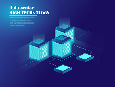 网络托管和大数据处理, 服务器机房机架。数据中心, 云存储技术。能源站概念。等距向量图