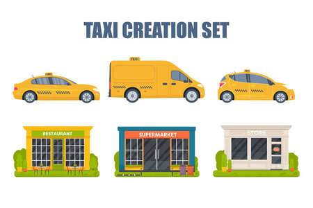 出租车创作集与不同类型的机黄驾驶室, 大厦的餐厅, 超市, 商店, 商店。在白色背景上隔离的平面矢量图