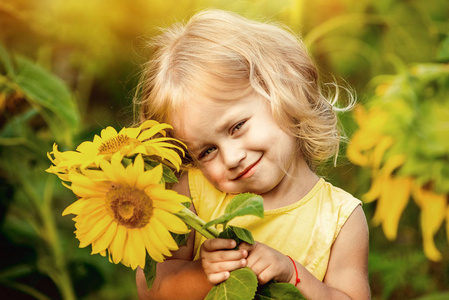 漂亮的小女孩，在向日葵