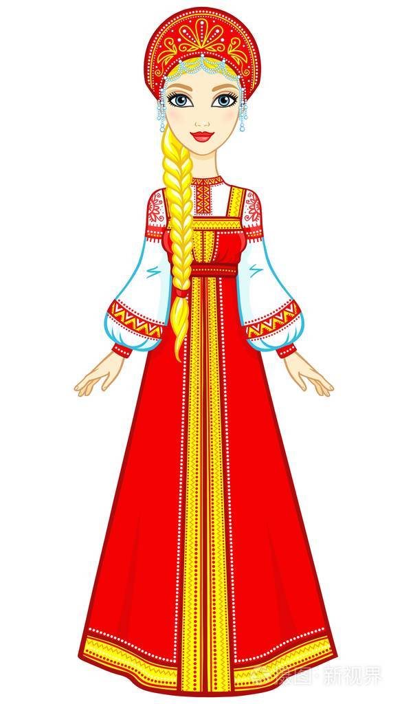 动画的古代服饰的俄罗斯女孩的画像.太阳裙,kokoshnik.充分的成长.