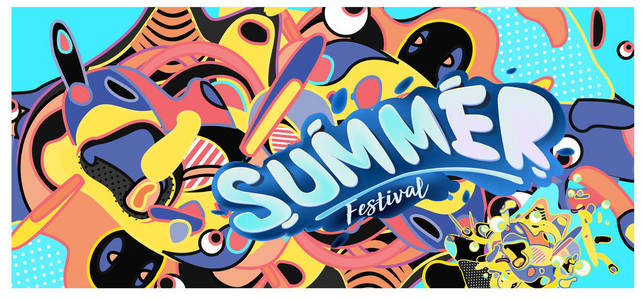 夏季横幅与五颜六色的涂鸦背景。活动和促销海报的设计模板